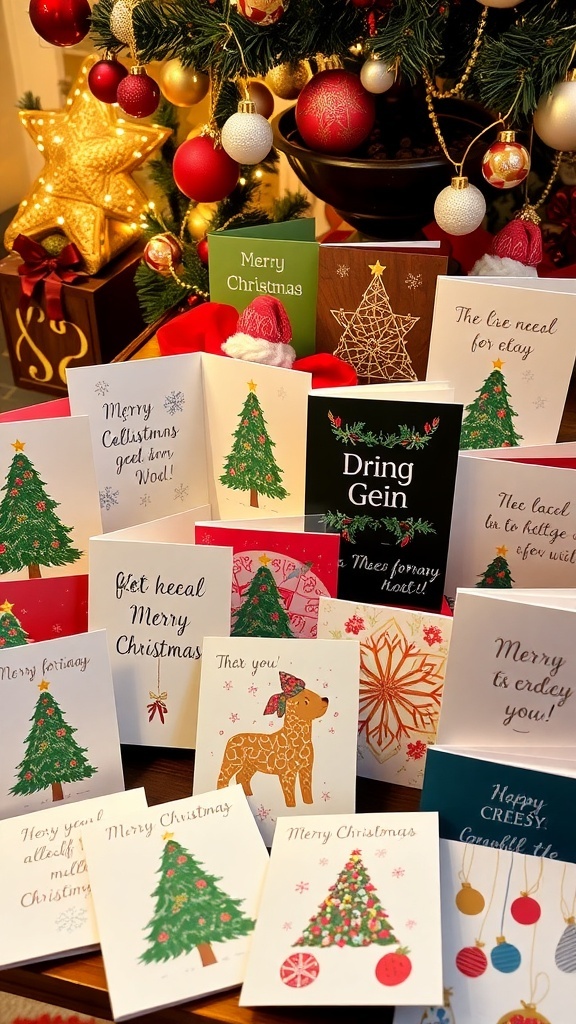 A collection of colorful Christmas cards with festive designs and messages on a table decorated for the holidays.